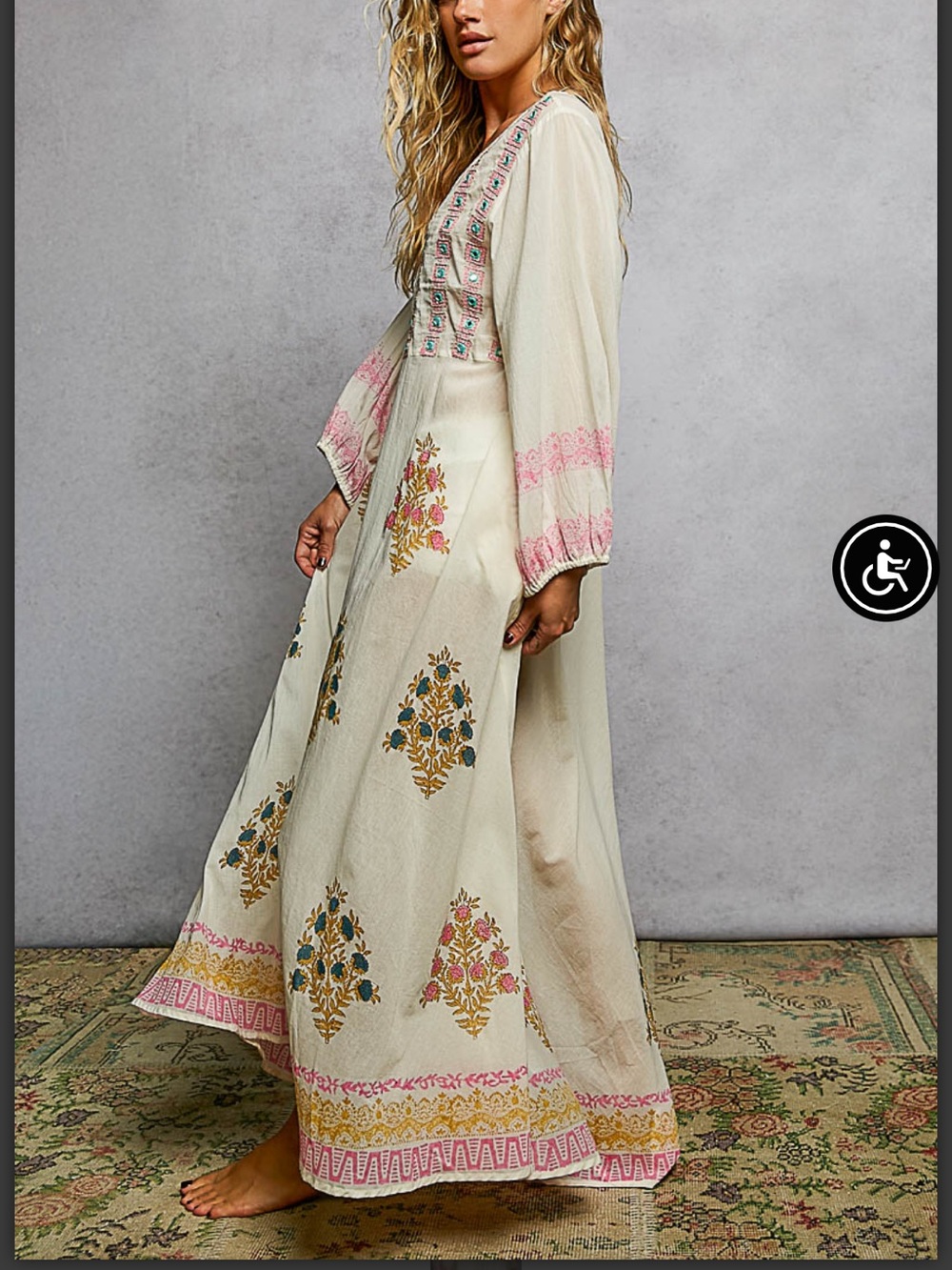 POL Boho Embroidered Cream Maxi Dress with Pink Accents - Picture 4 of 9